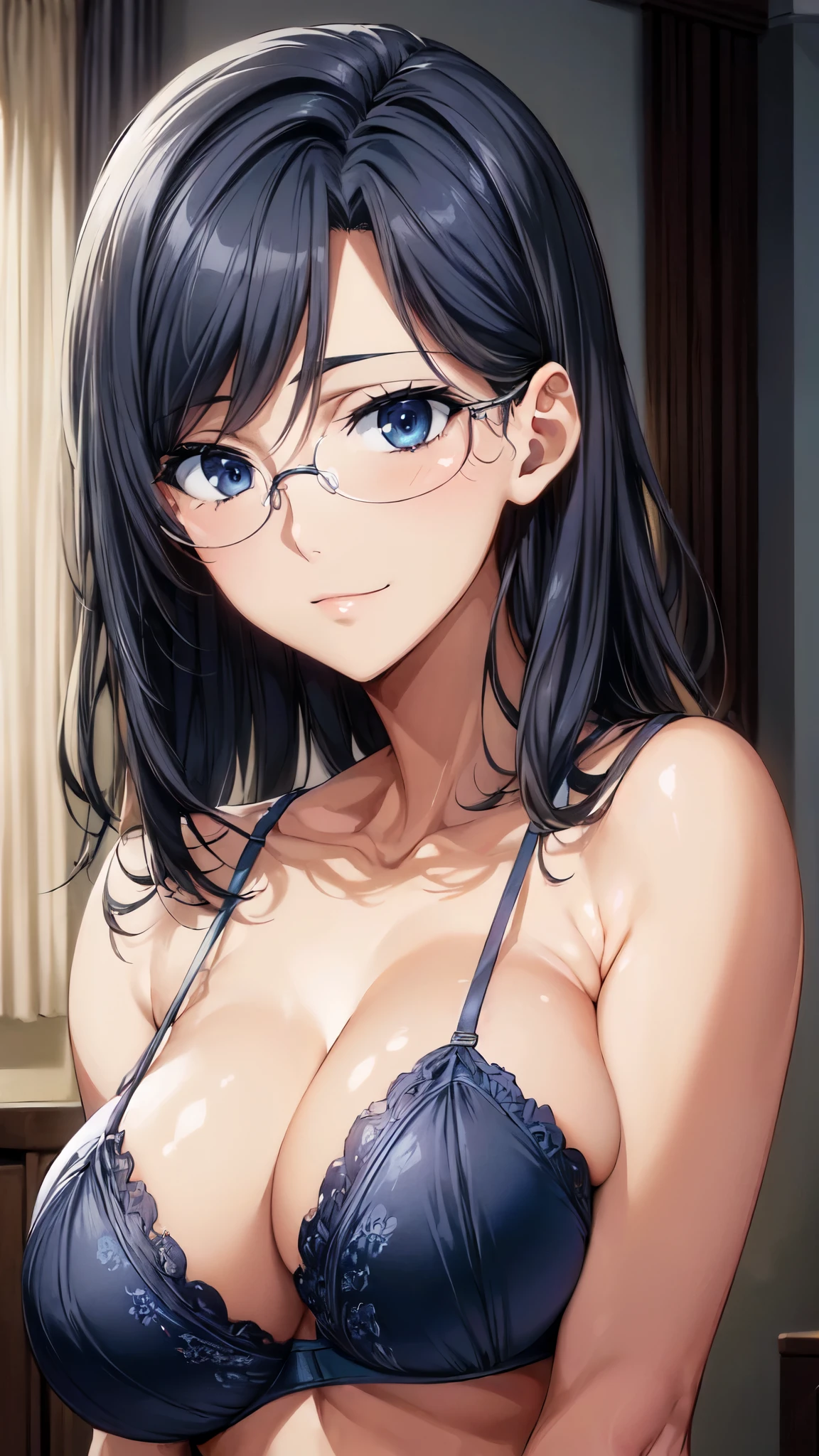 (upper body),(masterpiece:1.3),Portraiture, Realistic, blue eyes, (dark blue hair:1.2), (Rimless glasses),(shoulder length:1.3),(24-years-old),(Big Breasts:1.3),(Black underwear:1.4),8k resolution, High quality CG, Beautiful CG,(slim:1.3),Soft Light,( smile:1.3),ultra high resolution,extremely detailed CG unity 8k wallpaper,(Aesthetic Anime Eyes),(Black underwear:1.4),