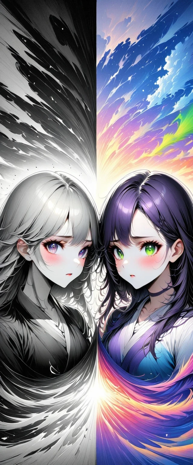 Girls Group, Chernobyl Exclusion Zone, s.television.A.large.potassium.This is.R, purple hair, Green Eyes, Scar above left eyebrow, unarmed, The left hand has five fingers, The right hand has five fingers, sad.The artwork should transition from a pencil drawing style in black and white on the left half to vibrant colors on the right half, Ensure a seamless integration between the two halves without any dividing line, The scene is identical on both sides, with the left side featuring detailed black and white pencil strokes and the right side filled with colors, creating a harmonious blend across the image
