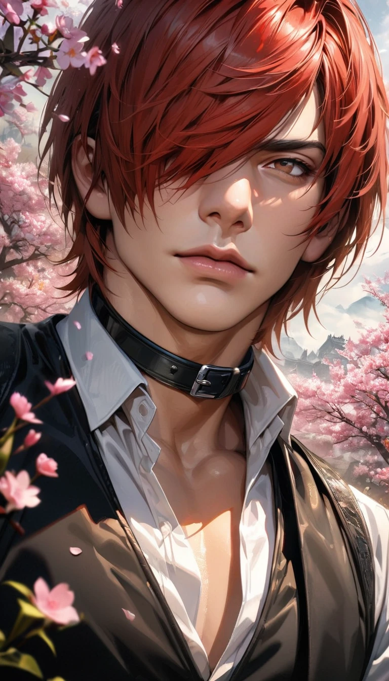 absurdres, highres, ultra detailed, HDR, master piece, best quality, extremely detailed face and eyes, realistic face, Iori Yagami, red hair, short hair, hair over the right eye, expressive brown eyes, The King Of Fighters, black vest, white shirt, black collar, solo, sexy man, handsome, pink flowers, blossoms, spring