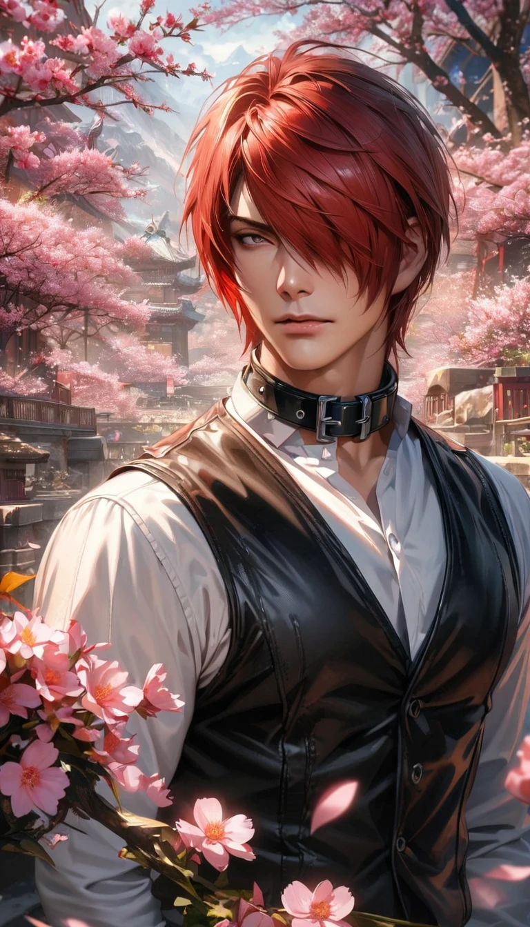 absurdres, highres, ultra detailed, HDR, master piece, best quality, extremely detailed face and eyes, realistic face, Iori Yagami, red hair, short hair, hair over the right eye, expressive brown eyes, The King Of Fighters, black vest, white shirt, black collar, solo, sexy man, handsome, pink flowers, blossoms, spring