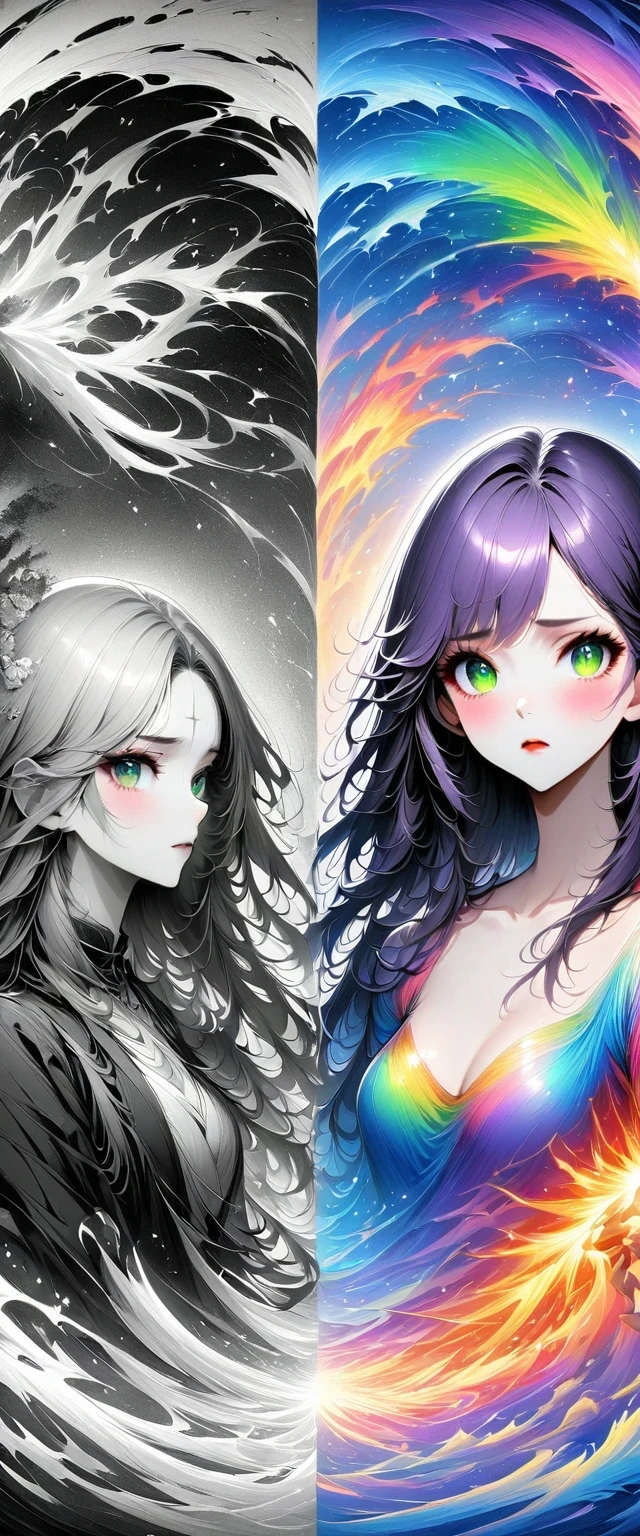 Girls Group, Chernobyl Exclusion Zone, s.television.A.large.potassium.This is.R, purple hair, Green Eyes, Scar above left eyebrow, unarmed, The left hand has five fingers, The right hand has five fingers, sad.The artwork should transition from a pencil drawing style in black and white on the left half to vibrant colors on the right half, Ensure a seamless integration between the two halves without any dividing line, The scene is identical on both sides, with the left side featuring detailed black and white pencil strokes and the right side filled with colors, creating a harmonious blend across the image
