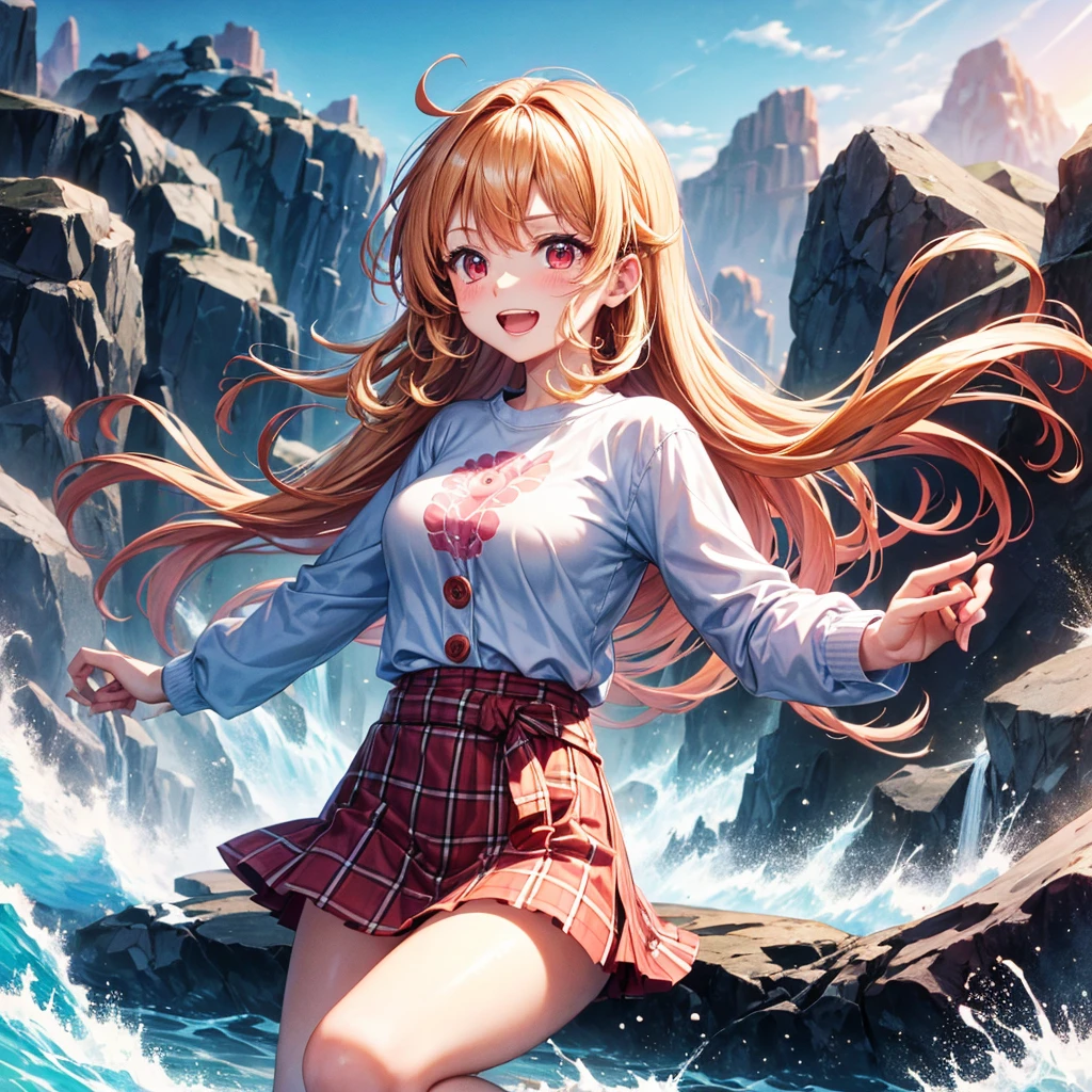 Pink gold golden hair、Red eyes、One good looking girl、solo、anime、Checkered mini skirt、The skirt has buttons、one piece、Blue camisole、White T-shirt、Jin、Long sleeve、Wearing a ribbon、Ribbon on waist、Tilting face、Teeth are visible、waterfall、tunnel、Sunset sky、The water surface is exploding、The rocks are exploding、Penguins are walking、Snow is piled up