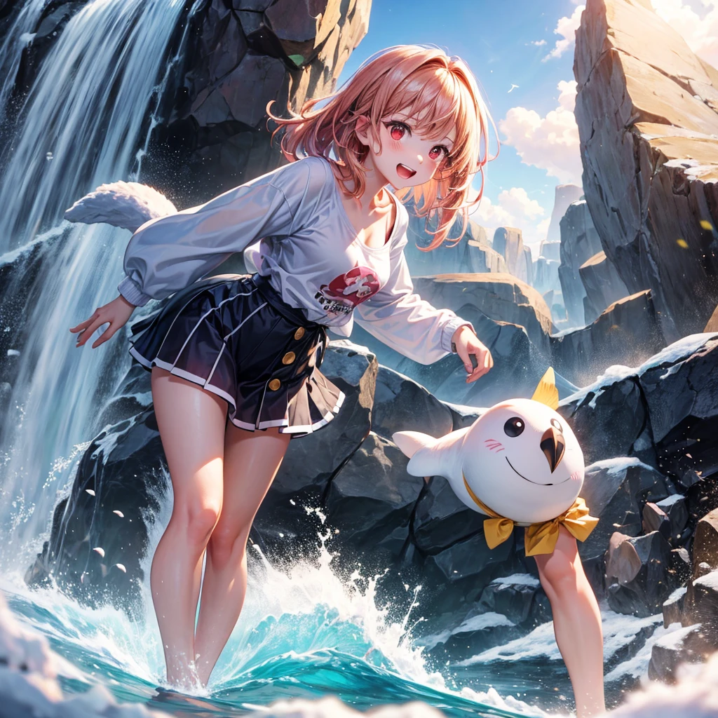 Pink gold golden hair、Red eyes、One good looking girl、solo、anime、Checkered mini skirt、The skirt has buttons、one piece、Blue camisole、White T-shirt、Jin、Long sleeve、Wearing a ribbon、Ribbon on waist、Tilting face、Teeth are visible、waterfall、tunnel、Sunset sky、The water surface is exploding、The rocks are exploding、Penguins are walking、Snow is piled up