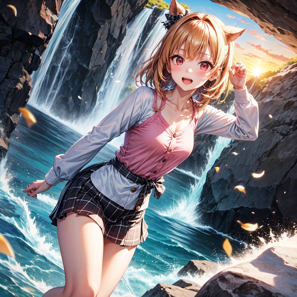 Pink gold golden hair、Red eyes、One good looking girl、solo、anime、Checkered mini skirt、The skirt has buttons、one piece、Blue camisole、White T-shirt、Jin、Long sleeve、Wearing a ribbon、Ribbon on waist、Tilting face、Teeth are visible、waterfall、tunnel、Sunset sky、The water surface is exploding、The rocks are exploding、Penguins are walking、Snow is piled up