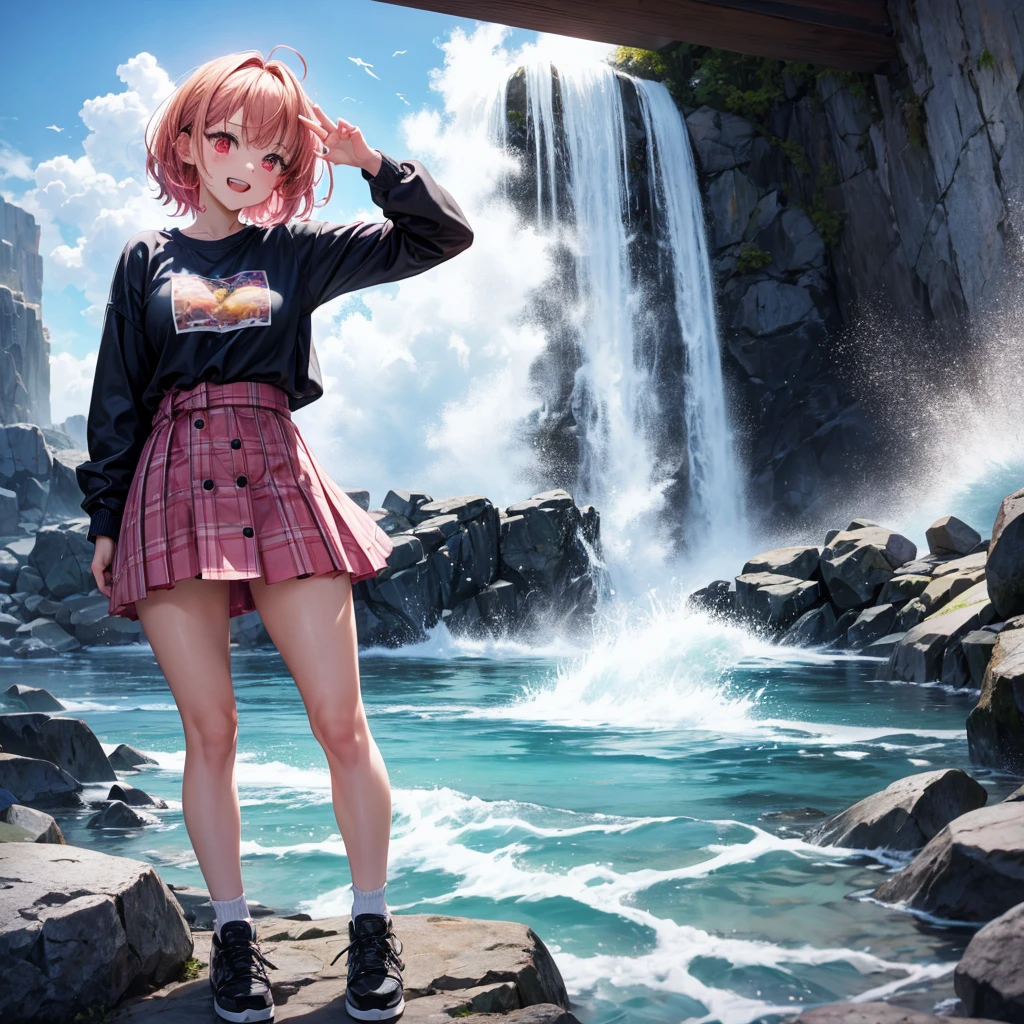Pink gold golden hair、Red eyes、One good looking girl、solo、anime、Checkered mini skirt、The skirt has buttons、one piece、Blue camisole、White T-shirt、Jin、Long sleeve、Wearing a ribbon、Ribbon on waist、Tilting face、Teeth are visible、waterfall、tunnel、Sunset sky、The water surface is exploding、The rocks are exploding、Penguins are walking、Snow is piled up