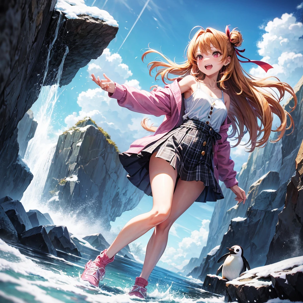 Pink gold golden hair、Red eyes、One good looking girl、solo、anime、Checkered mini skirt、The skirt has buttons、one piece、Blue camisole、White T-shirt、Jin、Long sleeve、Wearing a ribbon、Ribbon on waist、Tilting face、Teeth are visible、waterfall、tunnel、Sunset sky、The water surface is exploding、The rocks are exploding、Penguins are walking、Snow is piled up