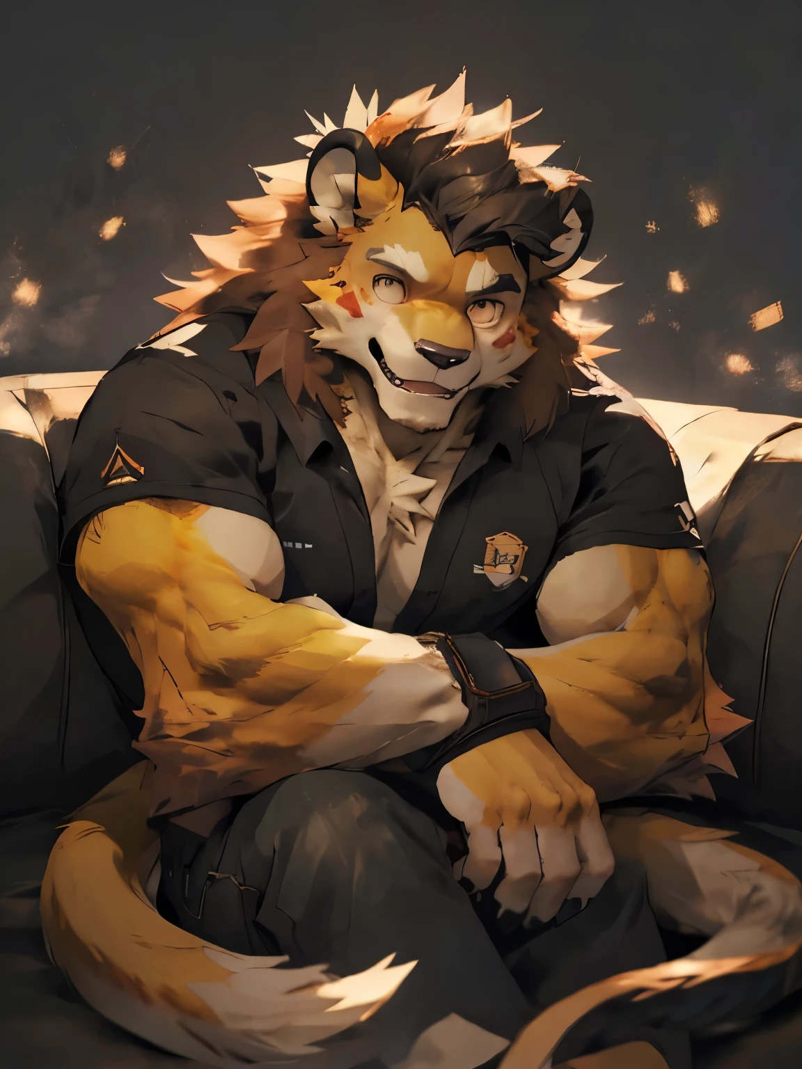 (masterpiece,best quality,Ultra Detailed,Perfect anatomical structure),Detailed background,Empty,New Jersey 5 Furry,Beast field, Perfect lighting,Light Particles,Sharp focus,Light Particles,Lion 1145,by lindong,through empty ghost, ,Break the dark theme,Internal,teacher,FOG, Solitary,Solitary foucs,male,male focus,anthropology,Feline,Muscular,(bust), (yellow fur:1.7),Looking at the audience,Delicate eyes, wearing clothes,Lie on the sofa,happy