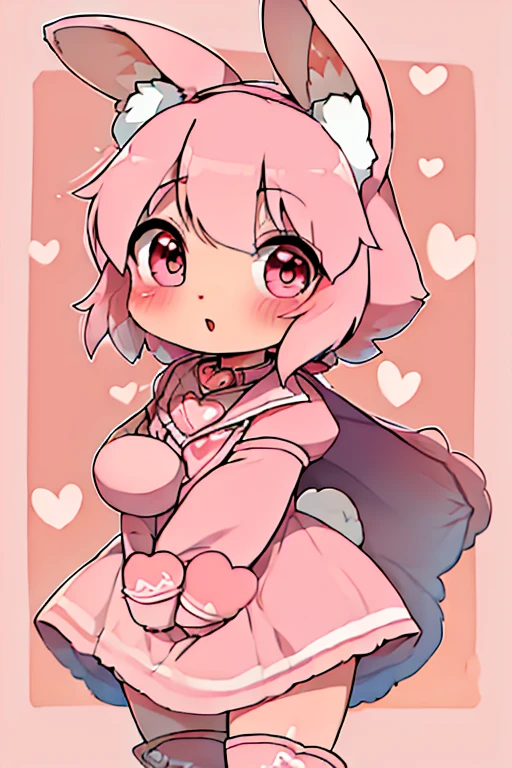 girl, furry, light pink rabbit ears, animal ear fluff, bodyfur, light pink rabbit tail, pink heart budge, pink bow, pink neckerchief, pink sailor collar, pink cloak, light pink puff sleeve shirt, pink skirt, pink rubber gloves, pink wellington boots, chibi