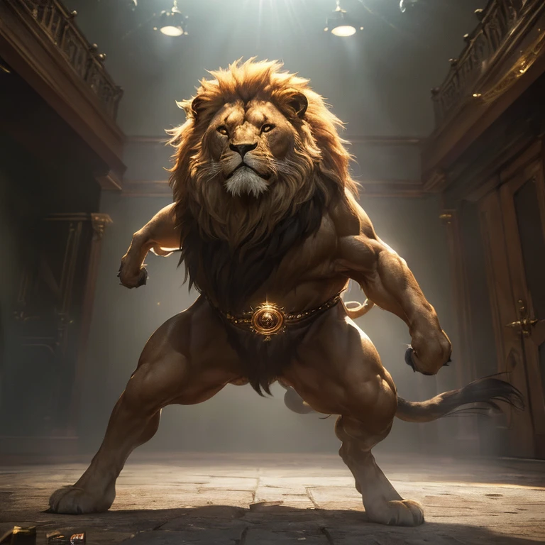 (master piece:1.5), (best quality:1.5), (exquisite lighting and shadow, highly dramatic picture, cinematic lens effect) (Photorealistic picture) (Card game image) 8k, wallpaper, dynamic pose, full body were lion, sabana, ethereal lighting, sharp focus, highly detailed, realistic, cinematic lighting, studio quality
