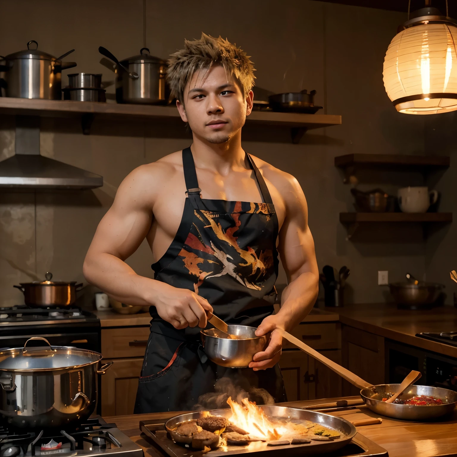 best quality,2D rendering,anime style,highly detailed,explosive cooking scene,colorful and vibrant,portrait of Bakugou,fiery background lighting,sizzling sound effects,Bakugou's intense expression,evocative of his hot-headed personality,artistic portrayal of cooking utensils,dynamic composition with action lines,sharp focus on Bakugou's hands and face,smoke and steam rising from the cooking process,delicious aroma filling the air,bold and vibrant colors,splashes of spices and ingredients in mid-air,showcasing Bakugou's culinary skills and passion,brushstrokes adding texture and movement,stylized flames dancing around the cooking area,impressive attention to detail in Bakugou's costume and hair,perfect balance of realism and stylization,dramatic lighting enhancing the overall impact,showcasing the energy and intensity of Bakugou's cooking journey.
