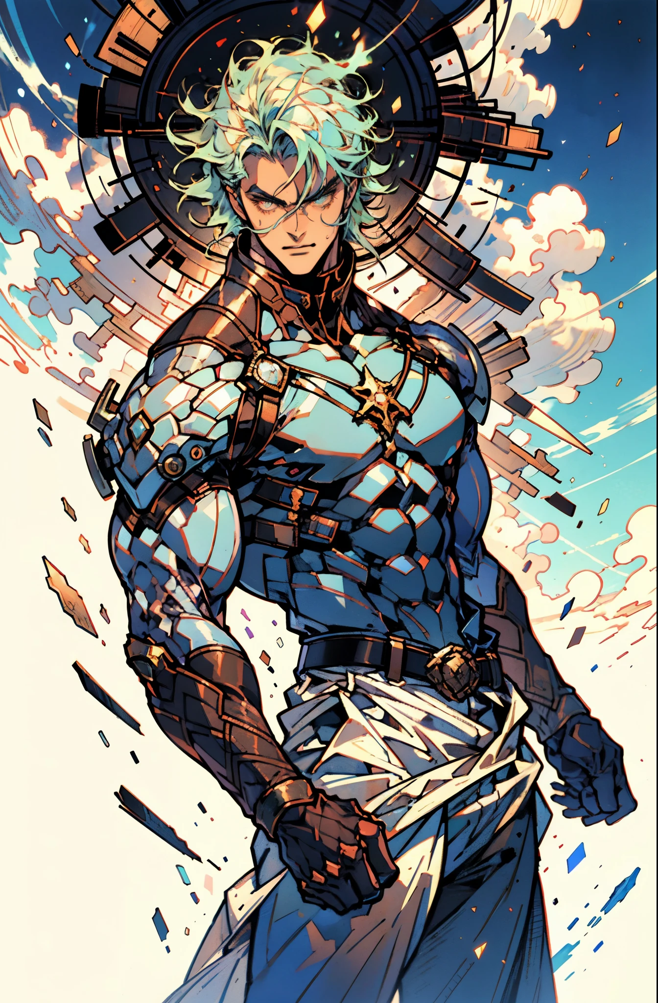 A man with messy medium-length hair emitting neon fluorescence, a magnificent fantasy-style headdress covering upper half of his face, sharp gaze, a muscular physique with a bronze-toned upper body, a plain cloth belt wraps around his waist, white coarse cloth trousers, standing sideways with a tilted body, topless, amidst iridescent nebula clouds, this character embodies a finely crafted fantasy-style practitioner in anime style, exquisite and mature manga art style, high definition, best quality, highres, ultra-detailed, ultra-fine painting, extremely delicate, professional, perfect body proportions, golden ratio, anatomically correct, symmetrical face, extremely detailed eyes and face, high quality eyes, creativity, RAW photo, UHD, 32k, Natural light, cinematic lighting, masterpiece-anatomy-perfect, masterpiece:1.5