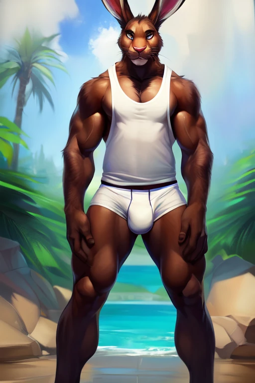 Medium muscular, hare, in tank top, white shirt, no pants, no shorts, underwear, (((((((full body shot))))))), mystikfox61, chunie, darkgem