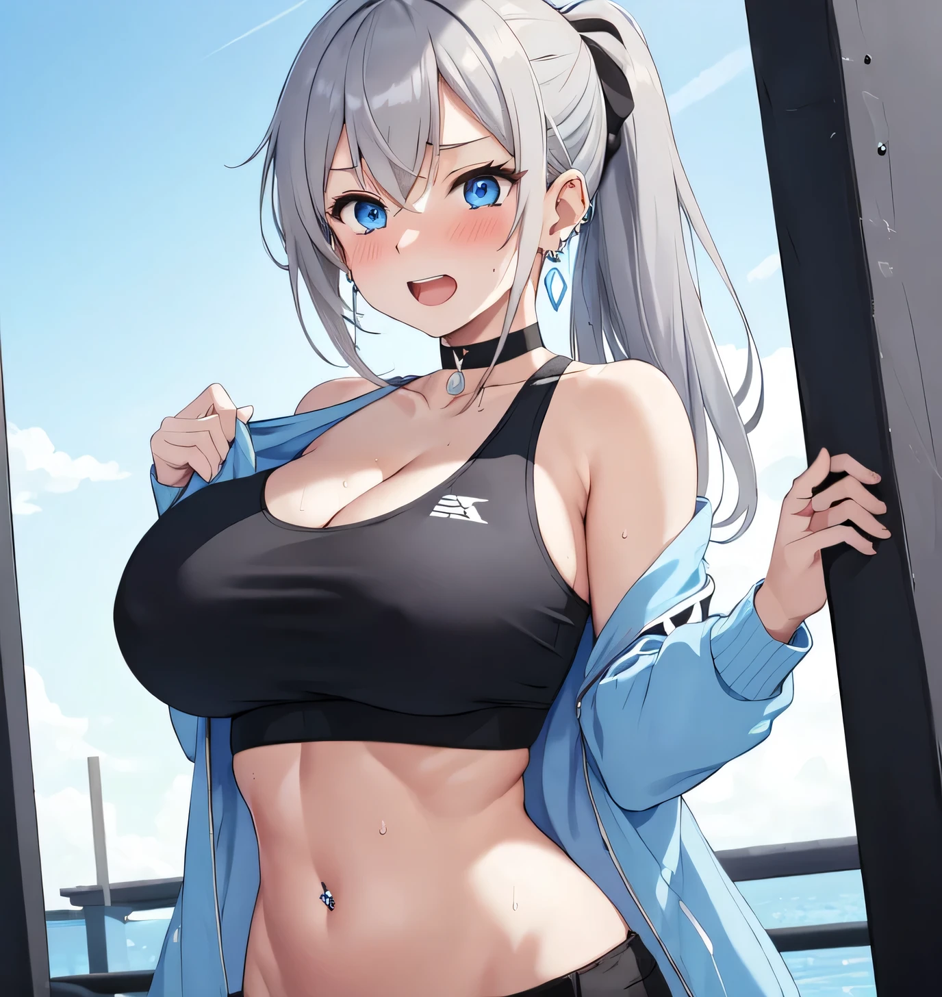 (((masterpiece))), ShizukaMikazuki, One Girl, alone, View your audience, Long Hair, Gray Hair, Long sleeve, Cleavage, Huge big breasts,clavicle, Mature Body,Healthy Abs,Make your face a little smaller,Make your breasts bigger,tall,Blushing,Pie Ponytail,Blouson, Open clothes, open Blouson, blue Blouson,nude,Black sports bra,Black hot pants, Play sports often, Choker with charm,Earrings,Belly piercing,Laughing embarrassedly,blue eyes,natural Park,Shooting from an angle,Sweat all over,