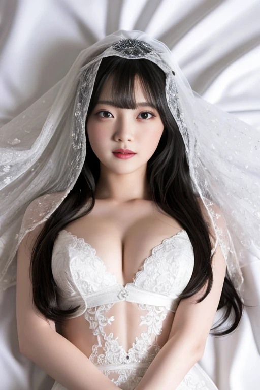 Masterpiece、highest quality、Woman 1、Super detailed、Top view、Gravure idol　Black Hair、Straight Hair、Light bangs　Wedding dress、White Veil　Lying on white sheets、Lie on your back、Gravure pose、Lying Pose　White sheets background