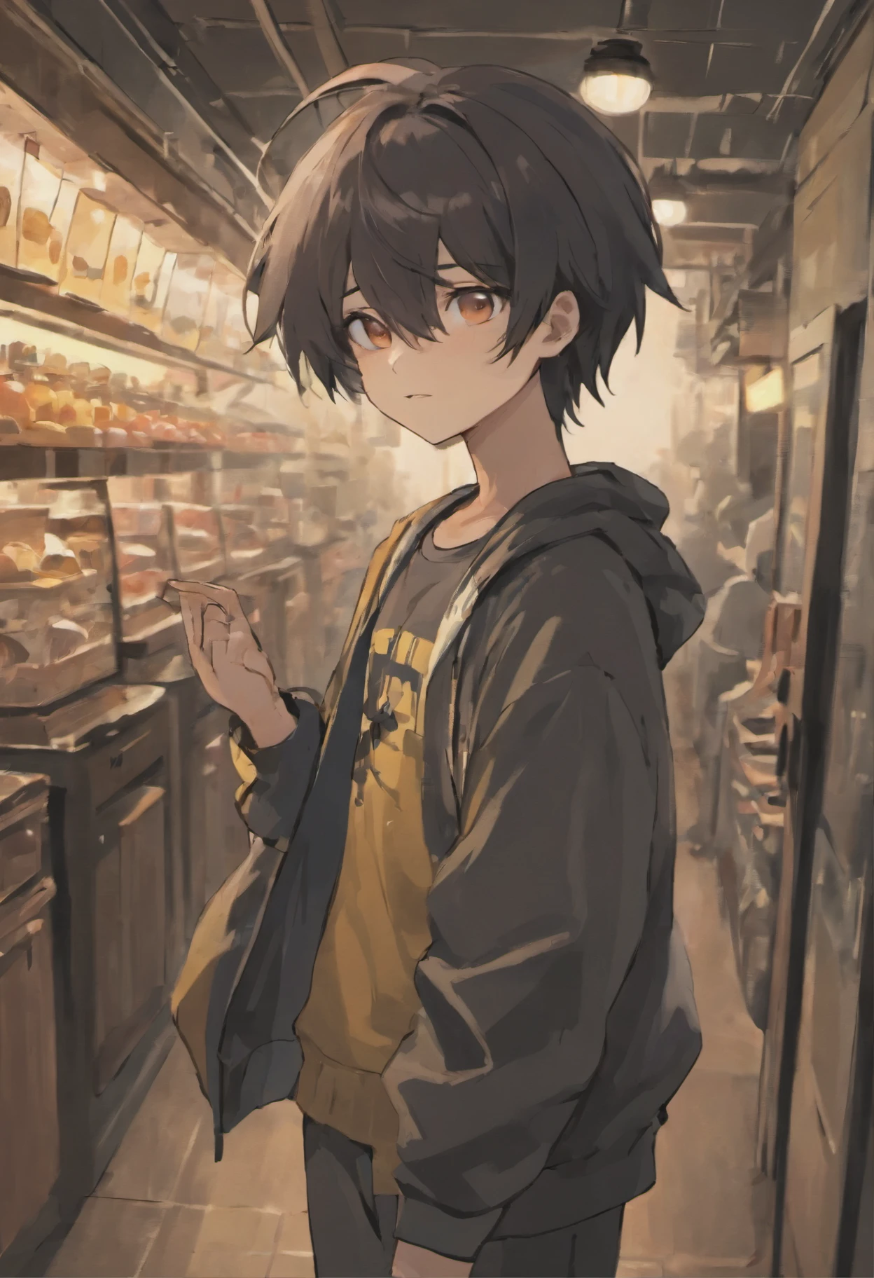calidad superior, Obra maestra, Ultra high resolution, anime illustration of a boy with black spiky hair who has both eyes covered by a black blindfold, wears a  and has a friendly smile and his hands are in his pocket and he is standing on a street And if he is sleeping in his bed and if he is naked, his six pack should be beautiful 