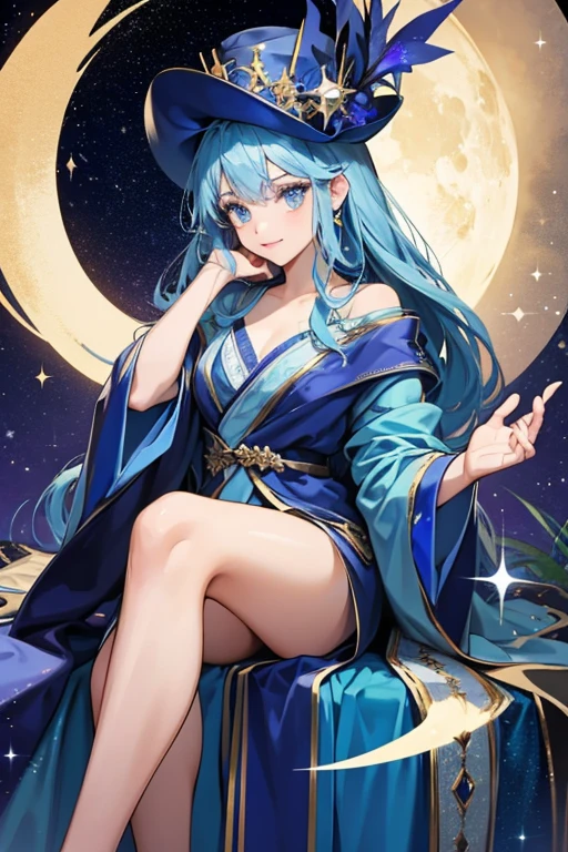 she wears a hat with a half moon on it, as well as a blue robe. SPARKLE; GLITTER