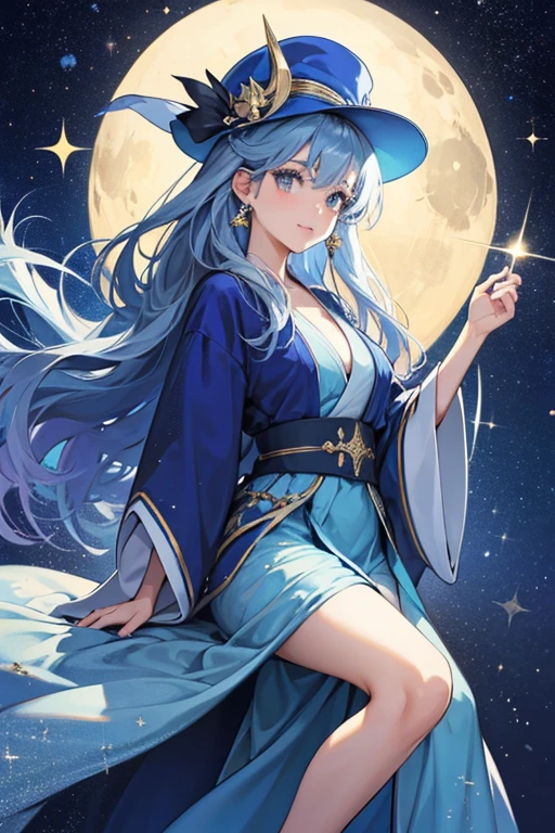 she wears a hat with a half moon on it, as well as a blue robe. SPARKLE; GLITTER