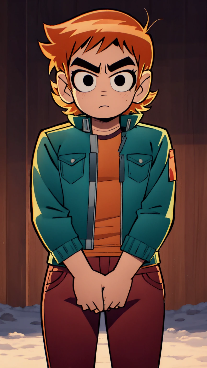 Scott Pilgrim Takes Off A boy Scott Pilgrim orange hair shirt jacket big eyes thick eyebrows Canada standing alone in the snow