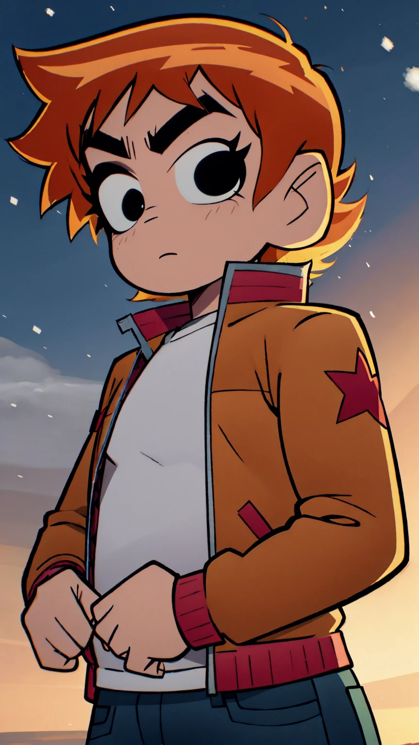 Scott Pilgrim Takes Off A boy Scott Pilgrim orange hair shirt jacket big eyes thick eyebrows Canada standing alone in the snow