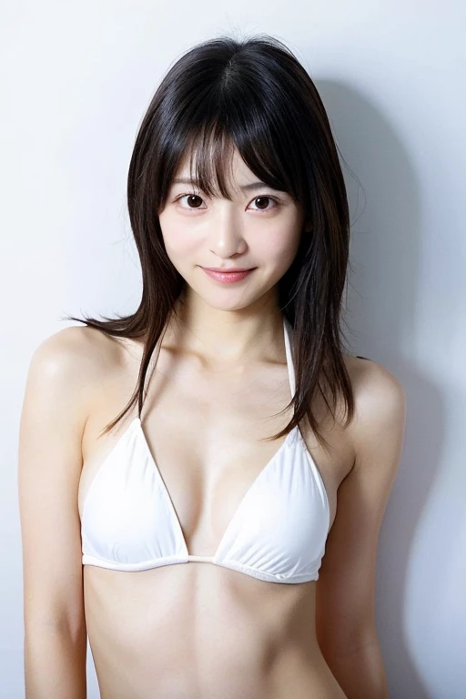 Cute Japanese woman, smile, inorganic white Snow White background, natural skin, cute, expressionless, neatly arranged black straight long hair, neatly arranged bangs, 30 years old, young face, small build, short stature, bikini, poverty Breasts, natural skin texture, straight standing posture