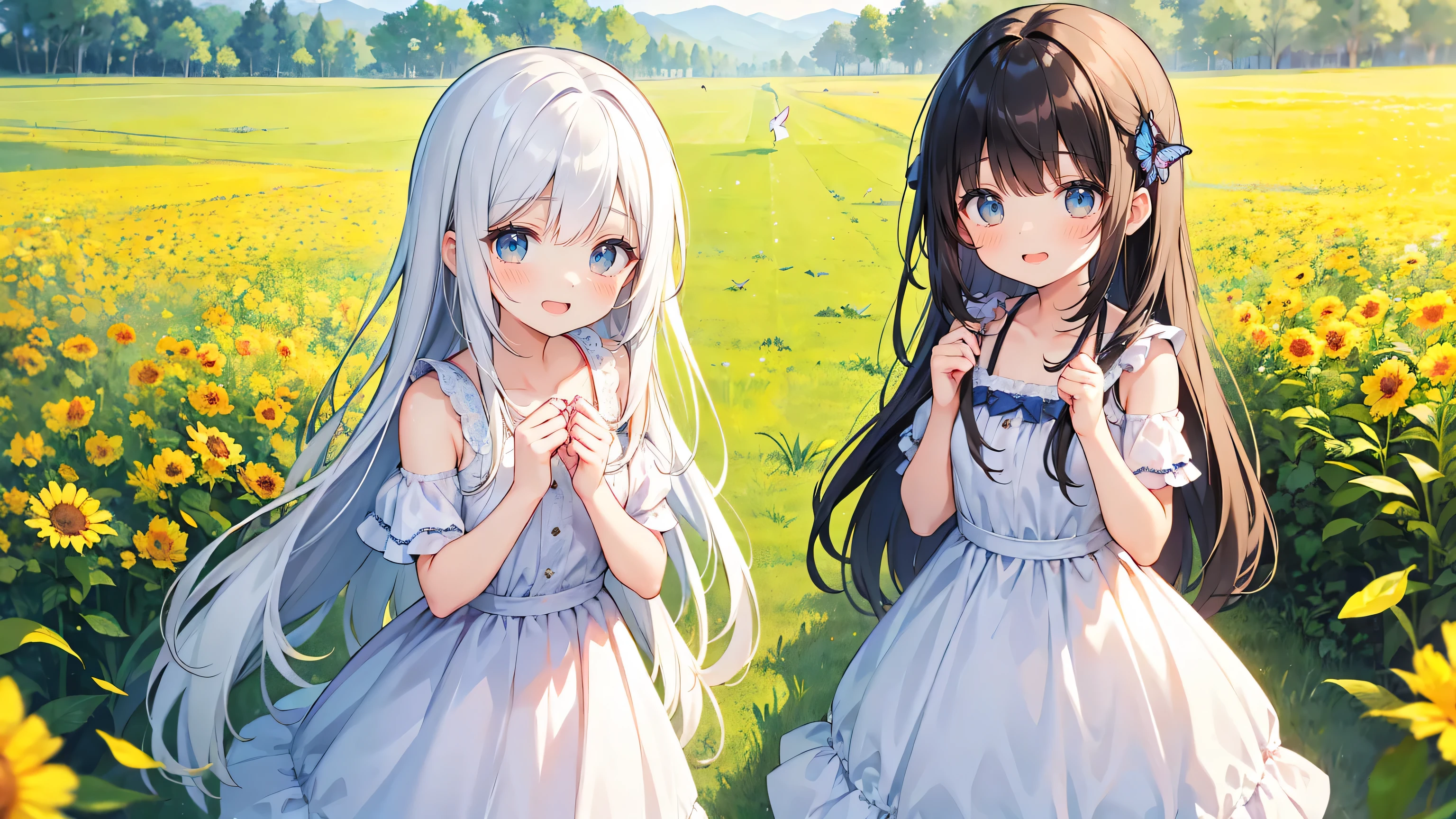 Two pure and innocent girls,(10 years old)、(2 people)、Cute face、Beautiful Eyes、Odd Eye、Natural Beauty、Warm sunshine、Wildflowers swaying in the wind々Surrounded by、Enjoying time in the fields。Butterflies and birds flutter around her、Creates a playful atmosphere、fun、smile、