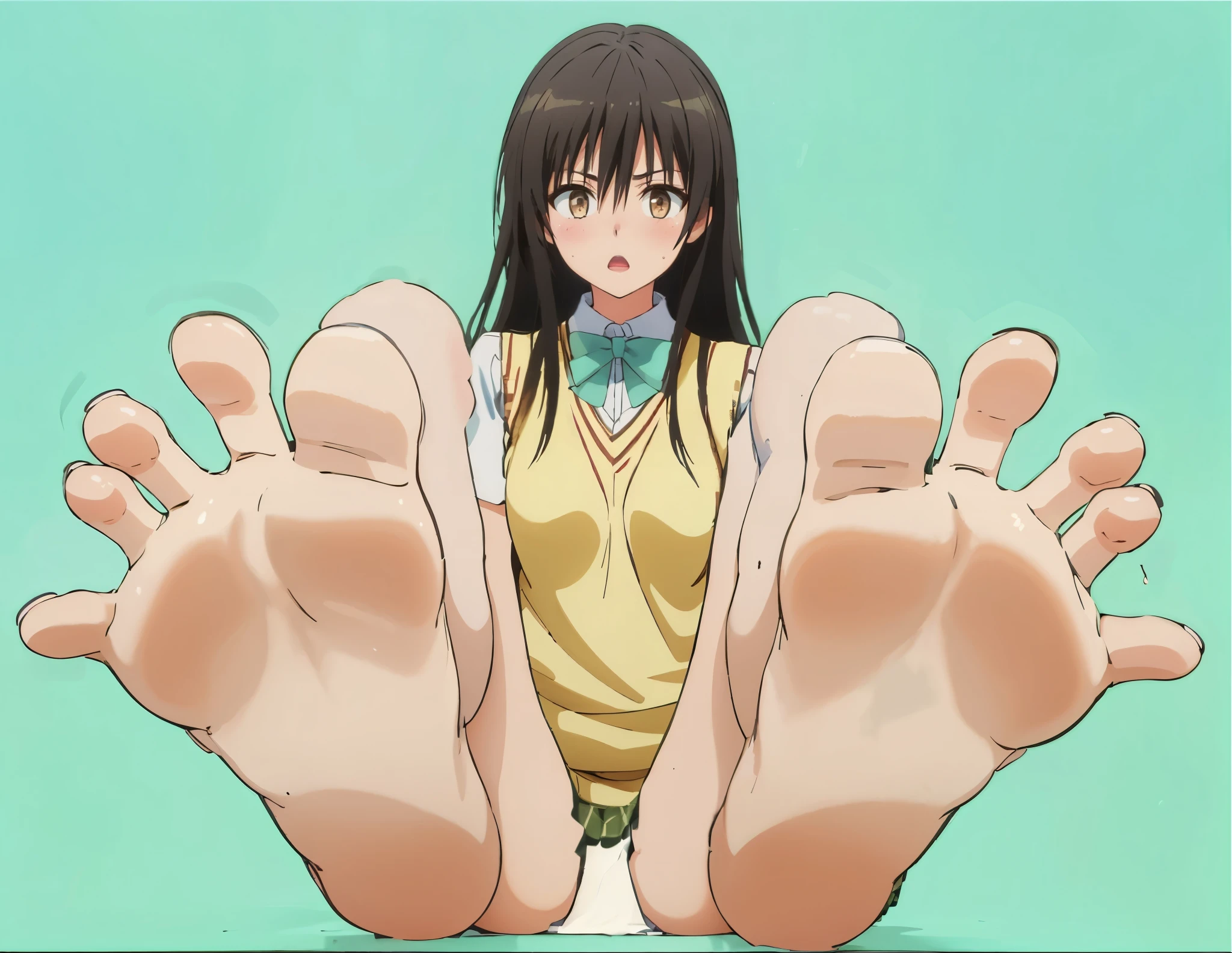 One Girl, Yui Kotegawa, Yui Kotegawa, Black Hair, (Brown eyes:1.5), Long Hair,(masterpiece, highest quality:1.2),figure,8k,High resolution,One girl,alone,Upper Body,(Portraiture:1.2),blush,Open your mouth,shy,Black Hair,Brown eyes,Long Hair,bangs,Hair between the eyes,,bow,chest,Sweater vest,Green Skirt,socks,Knee-high,Short sleeve,Checked skirt,Pleated skirt, sole