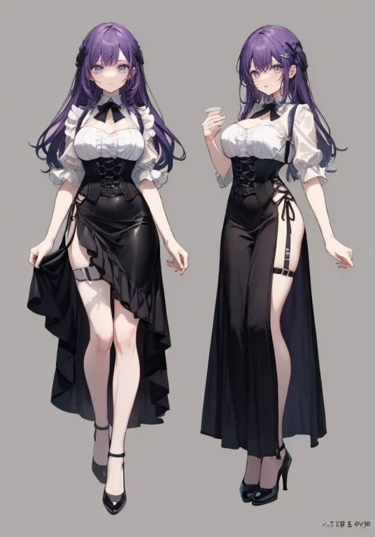 Purple hair,Long hair,Adult female,Bartender,((Body harness)),((Rolling up your sleeves shirt)),(Corset),(skirt),(slit),High heels,((Simple background)),Smile,((Full body)),((whole body)),Character Sheet,
