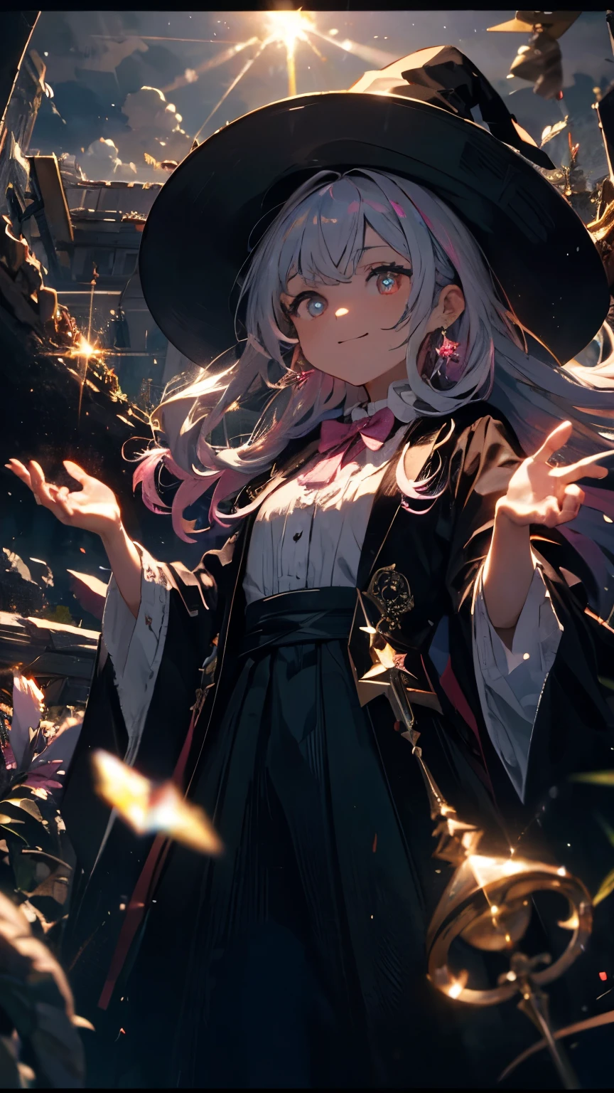 (best quality,32K,HD,4x ultra-sharp, high-res, professional), cinematic, fisheye photo, multicolored hair, hair strand, crystal hair, witch hat, mismatched pupils, glowing eyes, crystal earrings, fingersmile, smiley, cinematic lighting, Magician girl, expensive and luxurious robe, pink bow tie, swirl of light, torrent of light, fantastic world, have a wizard's wand, from below