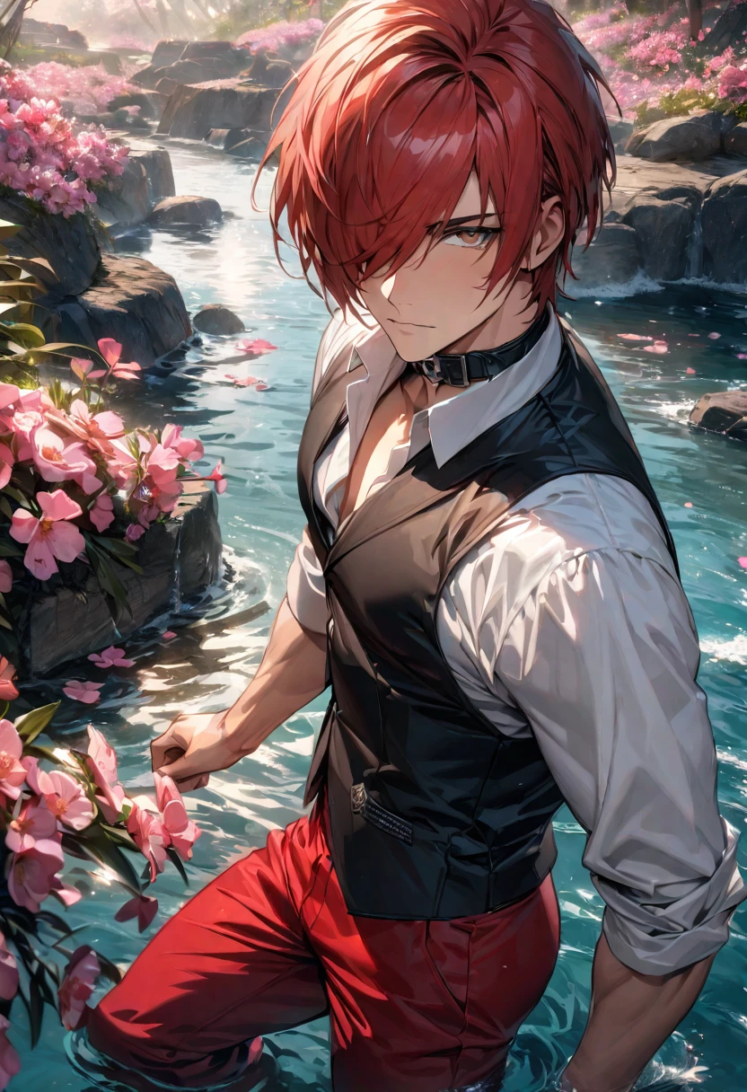 absurdres, highres, ultra detailed, HDR, master piece, best quality, extremely detailed face and eyes, Iori Yagami, red hair, short hair, hair over the right eye, expressive brown eyes, The King Of Fighters, black vest, white shirt, black collar, red pants, solo, sexy man, handsome, pink flowers, water, spring