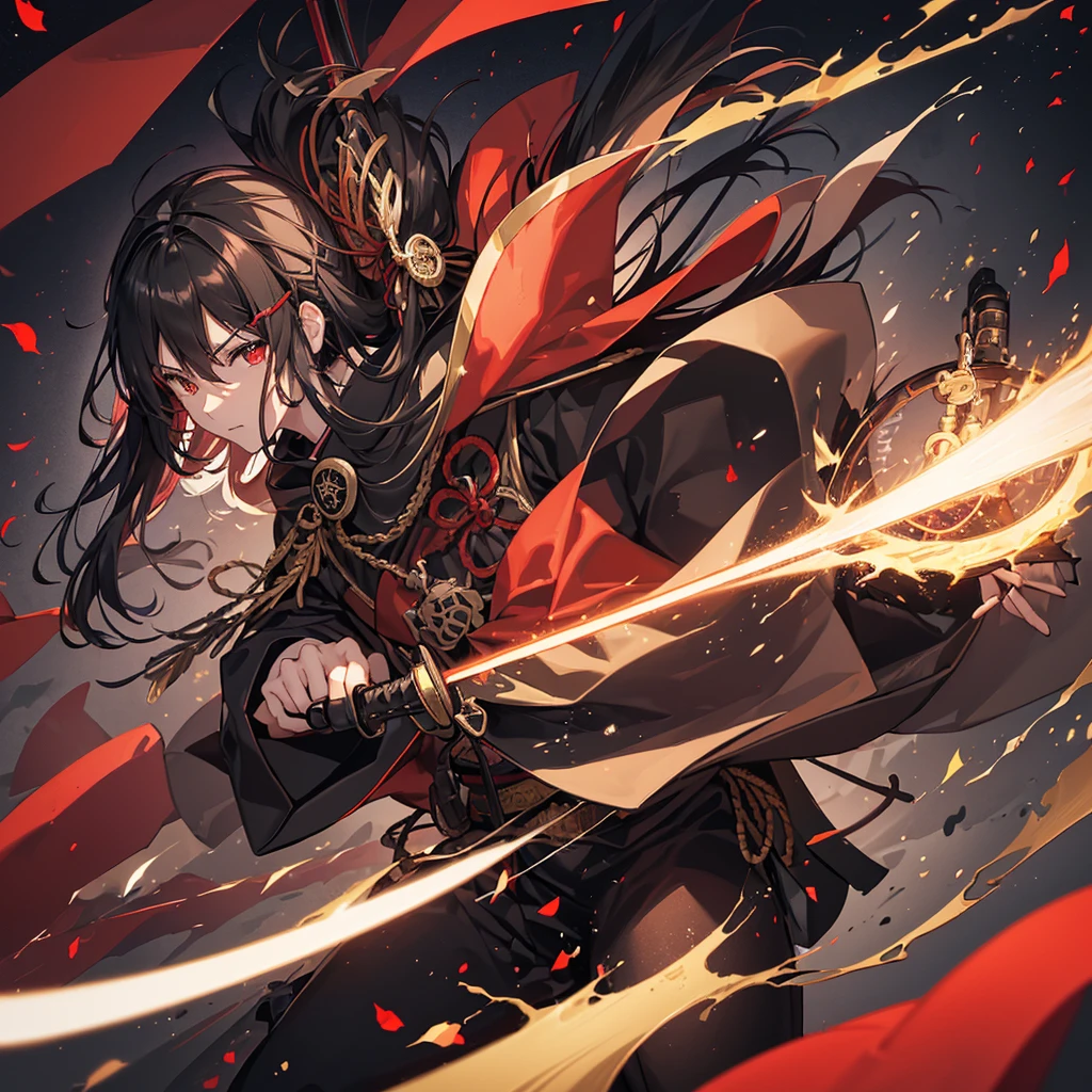 ((blackい髪 Long Hair black Military commander one person Lonely Red Flag Eye patch)) ((night Japanese style old Shining Aura)) (Dance Flame Blade Shining Japan sword Draw your sword) moon star Draw your sword Slashing Catch the wind print Tense face