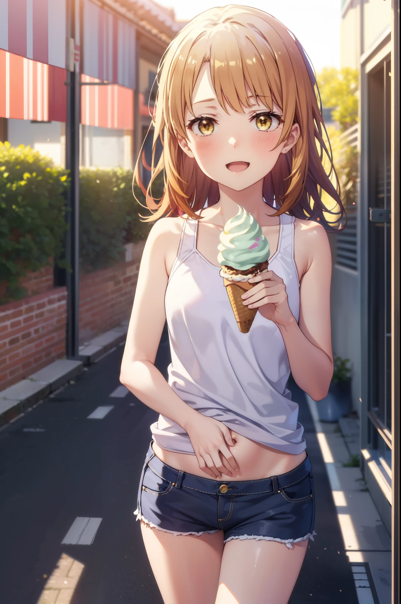 irohaisshiki, Iroha Isshiki, Long Hair, Brown Hair, (Brown eyes:1.5), happy smile, smile, Open your mouth,blush,Tank top shirt,Belly button,Shorts,barefoot,Holding and eating an ice cream,Daytime,Clear skies,Verandaのベンチに座っている,wind chimes,whole bodyがイラストに入るように
break outdoors, Veranda,terrace,
break looking at viewer,whole body,(Cowboy Shot:1. 5)
break (masterpiece:1.2), highest quality, High resolution, unity 8k wallpaper, (figure:0.8), (Beautiful fine details:1.6), Highly detailed face, Perfect lighting, Highly detailed CG, (Perfect hands, Perfect Anatomy),