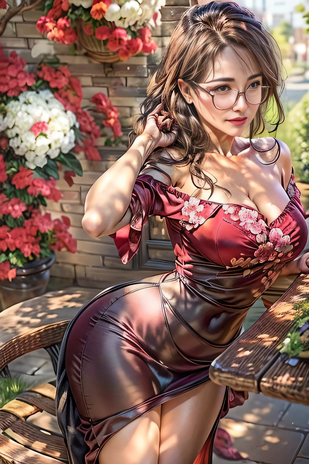Professional, High level of detail, Full body photo (attractive mature 50yo woman:1.3), long brown hair with hair, tied up, gray eyes, (off shoulder elegant satin dress)1.4, (red satin dress flower motif, high waisted black satin skirt)1.455,natural lighting, (seductive:1.1), (blushing:1.1 ), (classy, elegant, dandy)1.2, look at viewer, (round natural breasts)1.2 (pokies)1.3, (toned body, hourglass body shape) (wipe hips), (full body with visible face and eyes)1.5, glasses, earnings, sakura tree, bench, tattoo on body