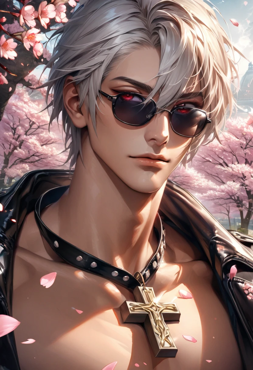Ultra detailed, Highres, absurdres, HDR, K', white hair with bangs, short hair, hair between the eyes, expressive red eyes, black leather clothes, black sunglasses, cross necklace, tanned skin, The King Of Fighters, cherry blossoms, petals, extremely handsome, sexy man, solo, very detailed eyes and face, spring, butterflies, blossoms, realistic face