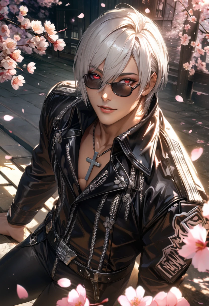 Ultra detailed, Highres, absurdres, HDR, K', white hair with bangs, short hair, hair between the eyes, expressive red eyes, black leather clothes, black sunglasses, cross necklace, tanned skin, The King Of Fighters, cherry blossoms, petals, extremely handsome, sexy man, solo, very detailed eyes and face, spring, butterflies, blossoms, realistic face