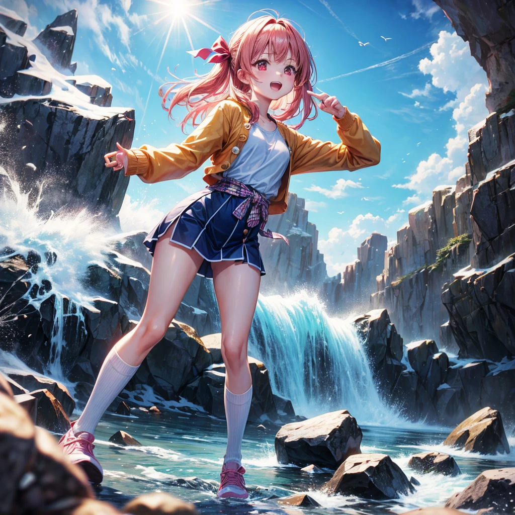 Pink gold golden hair、Red eyes、One good looking girl、solo、anime、Checkered mini skirt、The skirt has buttons、one piece、Blue camisole、White T-shirt、Jin、Long sleeve、Black knee-high socks、Wearing a ribbon、Ribbon on waist、Tilting face、Teeth are visible、waterfall、tunnel、Sunset sky、The water surface is exploding、The rocks are exploding、Penguins are walking、Snow is piled up