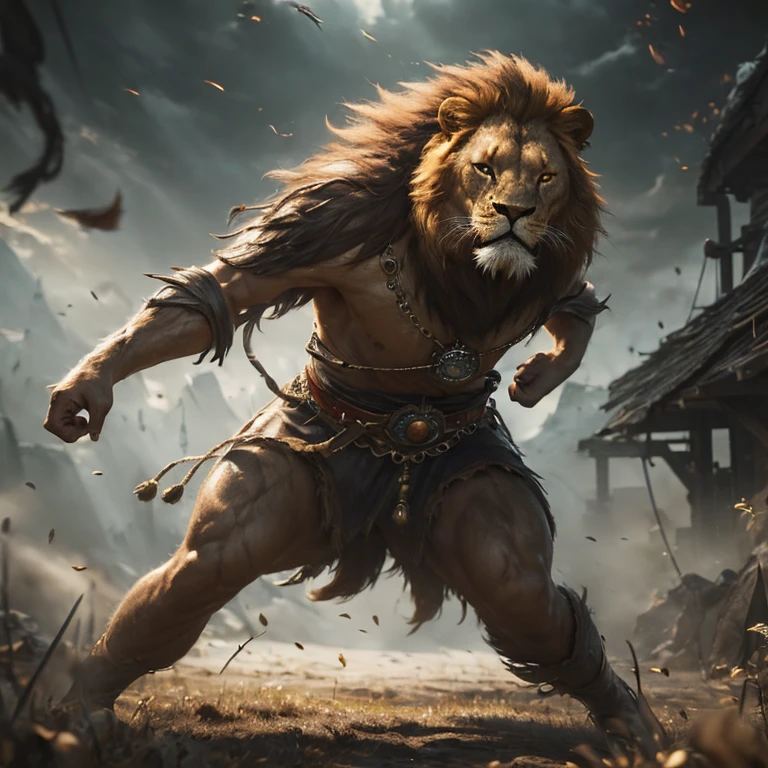 (master piece:1.5), (best quality:1.5), (cinematic lens effect) (Photorealistic picture) (Card game image) 8k, wallpaper, dynamic pose, full body were lion warrior, scar in the eye, ethereal lighting, sharp focus, highly detailed, realistic, cinematic lighting, studio quality
