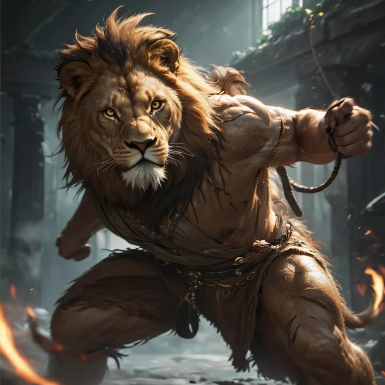 (master piece:1.5), (best quality:1.5), (cinematic lens effect) (Photorealistic picture) (Card game image) 8k, wallpaper, dynamic pose, full body were lion warrior, scar in the eye, ethereal lighting, sharp focus, highly detailed, realistic, cinematic lighting, studio quality
