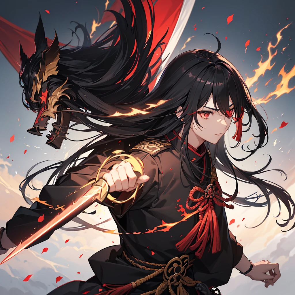 ((blackい髪　Long Hair　black　Military commander　one person　Lonely　Red Flag　Eye patch))　((night　Japanese style　old　Shining Aura))　(Dance　Flame Blade　Shining Japan sword　Draw your sword)　moon　star　Draw your sword　Slashing　Catch the wind　print　Tense face