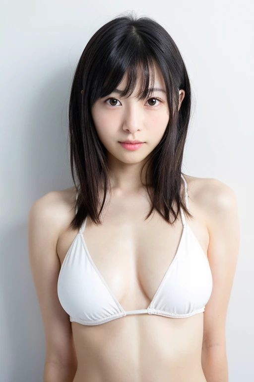 Beautiful and cute Japanese woman, inorganic white Snow White background, natural skin, cute, expressionless, neatly arranged black straight long hair, neatly arranged bangs, 30 years old, young face, small build, short stature, , small  , natural skin texture, straight standing posture, full body photo