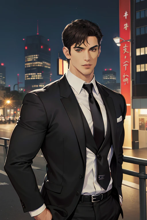 (absurdres, highres, ultra detailed, realistic, ), 1 male, solo, adult, mature, tall muscular guy, broad shoulders, handsome, very short hair, black hair, brown eyes, angular jaw, thick neck, thick eyebrows, night, dark, the night view of the city background, formal suit, necktie, upper body