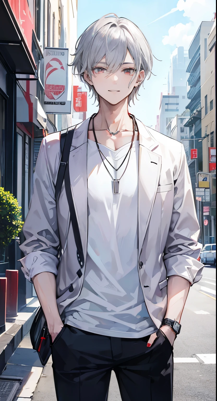 High resolution, high resolution,2D Anime Style,,Cool guy,Mature look,,20th Generation,Short Hair,Silver Hair,Red eyes,Beautiful watch,Beautiful earrings,Beautiful necklace,Cyber Fashion,He is smiling a little,walking,Put your hands in your pockets