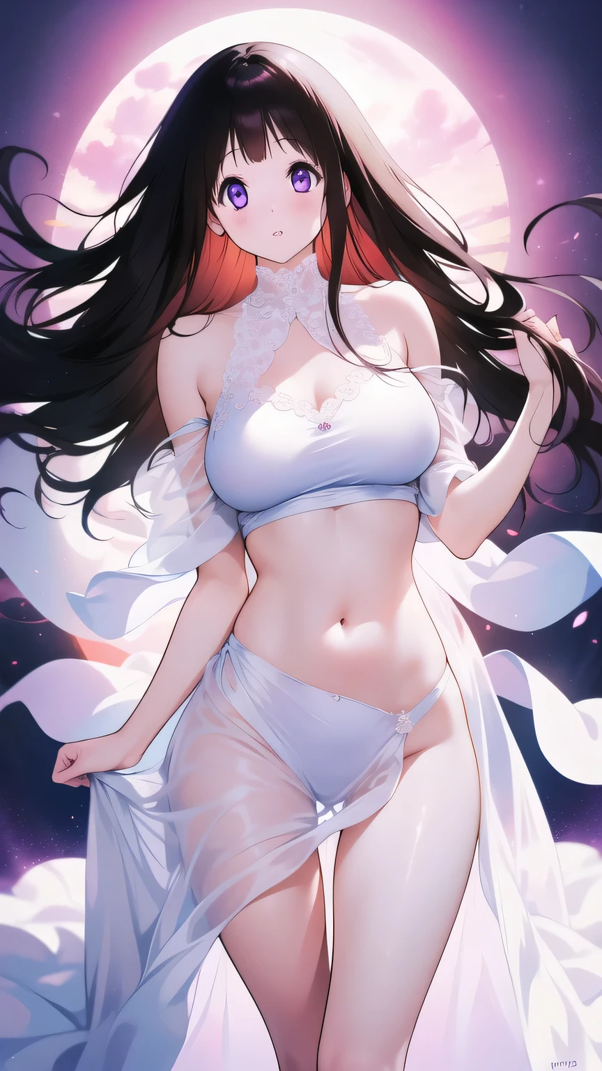Amazing Chitanda, There is only one beautiful girl，Purple Eyes, Black Hair, Very red face，Very white skin，Glowing skin，Naturally straight hair, Straight bangs，Extremely refined，Open lips，Long flowing hair，Beautiful Girl, Like a dream，Slim，Slim waist，Soft, (Sensual), (Kawaii), Dream quality，Beautiful big breasts，Wearing a white dress，Clothes were torn，Breasts being sucked，The skirt is blown by the wind，Transparent clothes，no pants，Showing breasts，Show your thighs，Showing collarbone，Show your neck，Exposing the groin，Show your belly button，No pants，extremely shy，Ultra-high resolution, (masterpiece:1.2, best quality), (Delicate and beautiful eyes: 1.2), (Beautiful and delicate face)
