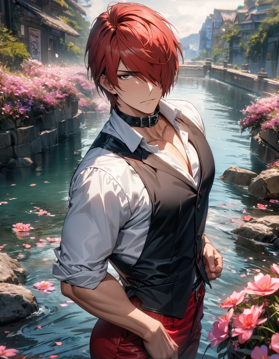 absurdres, highres, ultra detailed, HDR, master piece, best quality, extremely detailed face and eyes, Iori Yagami, red hair, short hair, hair over the right eye, expressive brown eyes, The King Of Fighters, black vest, white shirt, black collar, red pants, solo, sexy man, handsome, pink flowers, water, spring