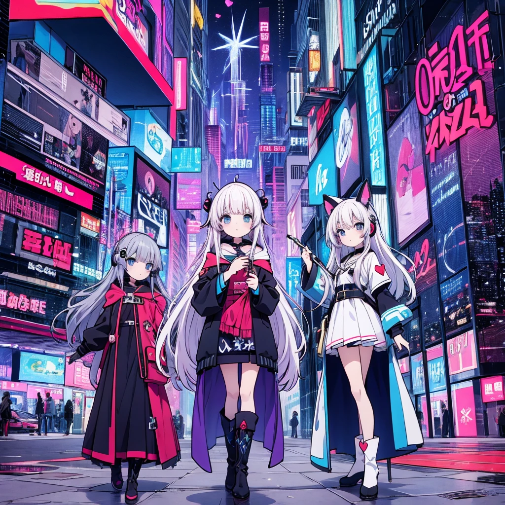 masterpiece、highest quality、Anime Magical Girl、cyber punk、Cute heart-shaped magic wand、Hooded cloak、Headset on head、アイドルの服装なのにcyber punk、White long boots、Pouch on the waist、