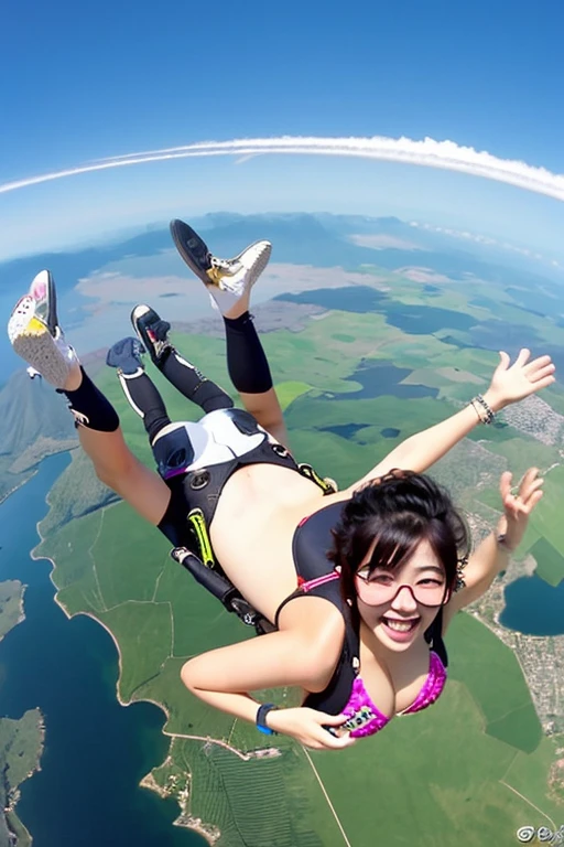 Exciting pictures of skydivers, age girls, completely naked. Skydiving freely above the clouds in the highest sky, vast and limitless in every direction. The skydiver's body is in a stable stance with arms and legs extended. The ground below was just a blur, giving off an exciting feeling of height and speed. The skydiver's face was full of excitement and joy.