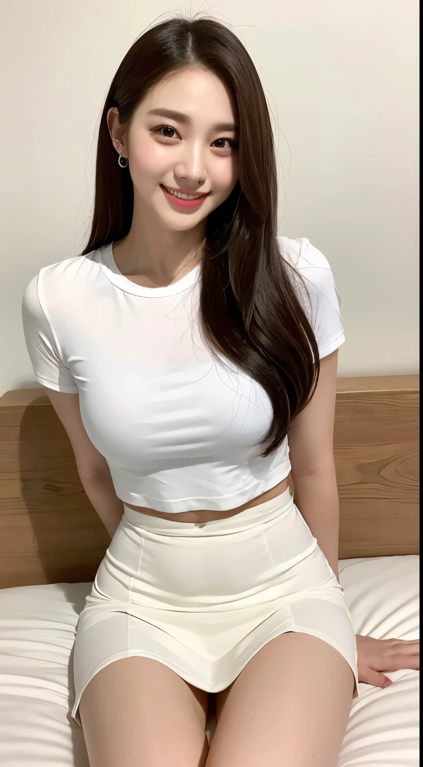 White tight shirt、White tight mini skirt、bed、smile、Short sleeve、high resolution、Korean idol face、double eyelid、White teeth