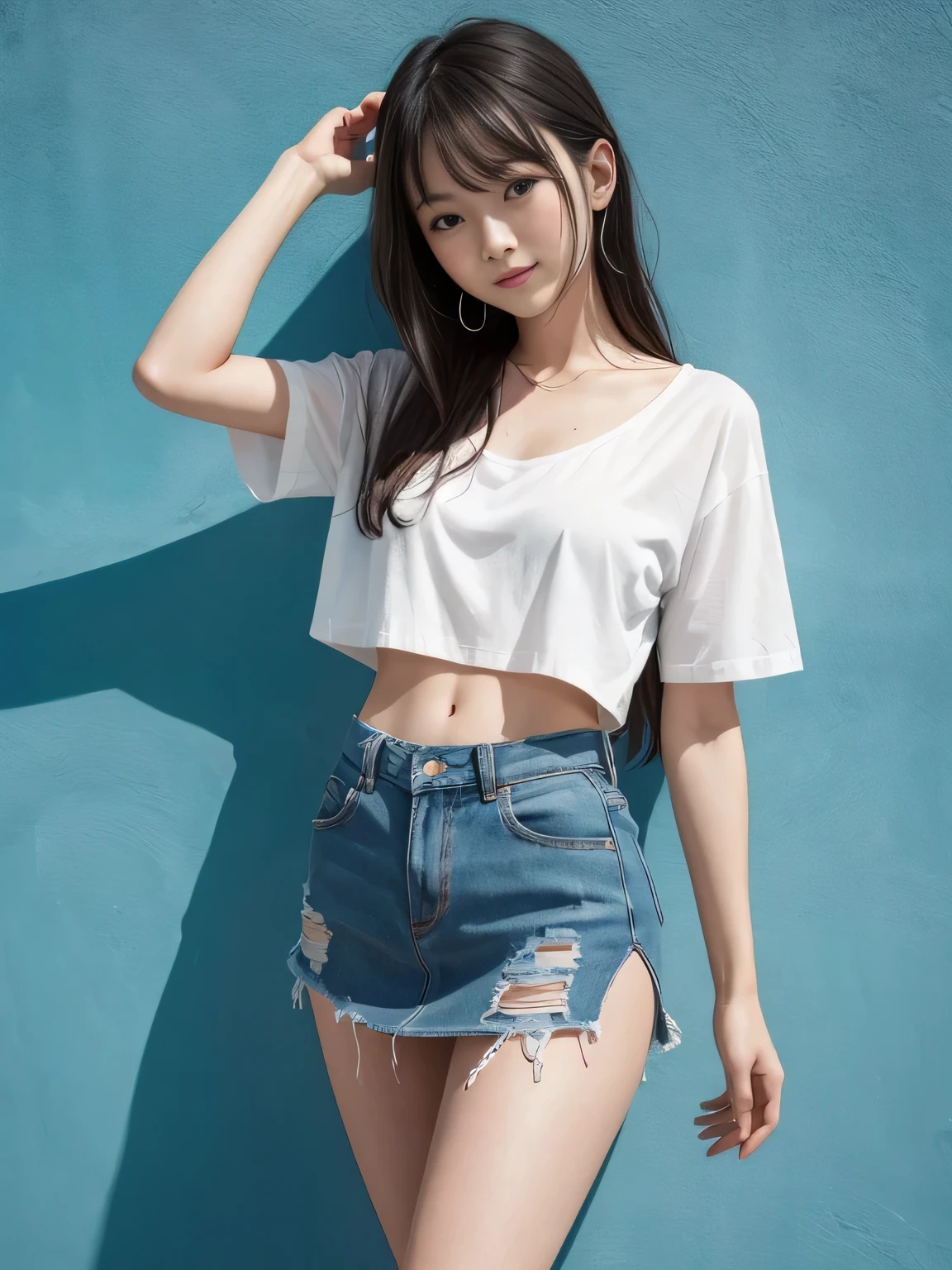 one person、one person,Red open front shirt、A 17-year-old high school girl poses for a photo in a navy blue miniskirt、victory、Tsundere、smile、Saucy、small、Slim girl model photo、body:Female Model、Japanese female fashion model、(8K、Raw photo、Best image quality、masterpiece:1.2)、(Genuine、photoGenuineistic:1.37)、Ultra-high resolution、Ultra-high resolution、Standing position、whole body、((((sexy)))、Blue Wall、Shapely small breasts