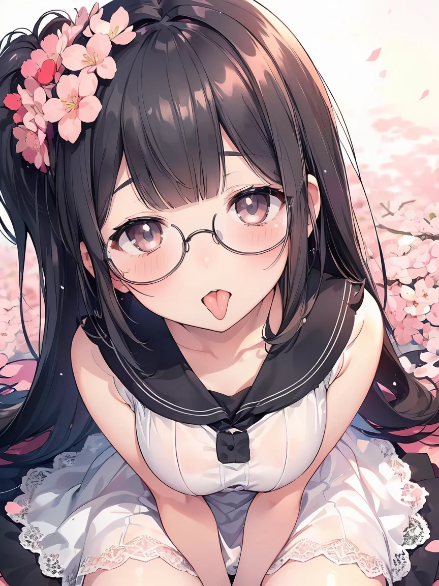 Very detailed, highest quality, High resolution, Moe Anime, ((Cute girl with black hair and droopy eyes)), ((Wearing large round glasses:1.4)), (Baby Face), Cute eyes, Detailed eye depiction, Sparkle in the eyes, View your viewers, Pale skin, (Big eyes:1.4, Droopy eyes:1.4, Fatty face:1.4), smile, Focus on the face, In the park with cherry blossoms falling, Sitting, (Extreme close up of tongue), (((From above))), Open your mouth, (((Face only:1.3))), ((white lace sleeveless dress)), (Put your hands between your legs:1.4), large and long tongue, Cleavage