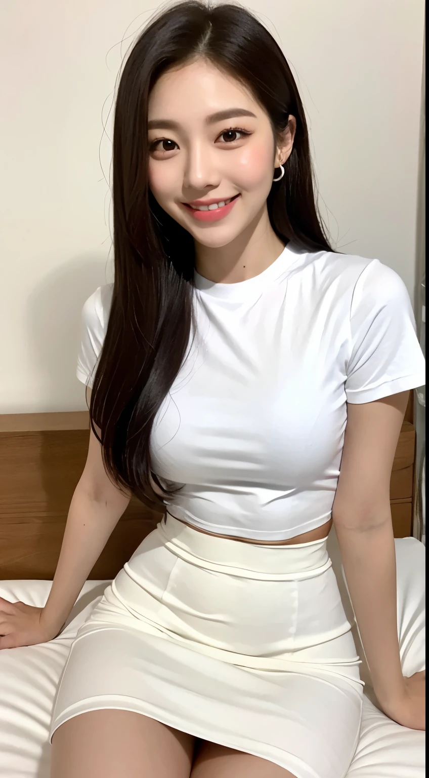 White tight shirt、White tight mini skirt、bed、smile、Short sleeve、high resolution、Korean idol face、double eyelid、White teeth
