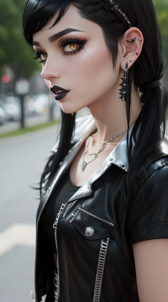 Arabian woman with black hair wearing a black leather jacket, Black Pigtails, Goth Girl, cruel korean Goth Girl, gauged ears, goth style, 1 7 - year - old anime Goth Girl, 1 7 - year - old Goth Girl, Goth Girl aesthetic, Wearing gothic accessories, Pale Goth Beauty, Black Hair Girl, Tifa Lockhart